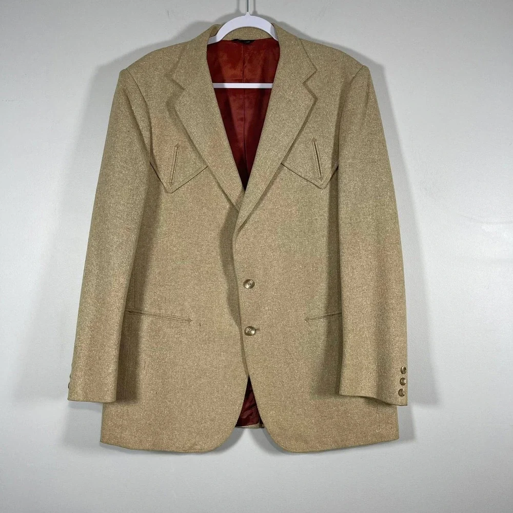 VTG‎ Lasso Western Wear Jacket Mens 46L Blazer Sand Tan Beige Woven